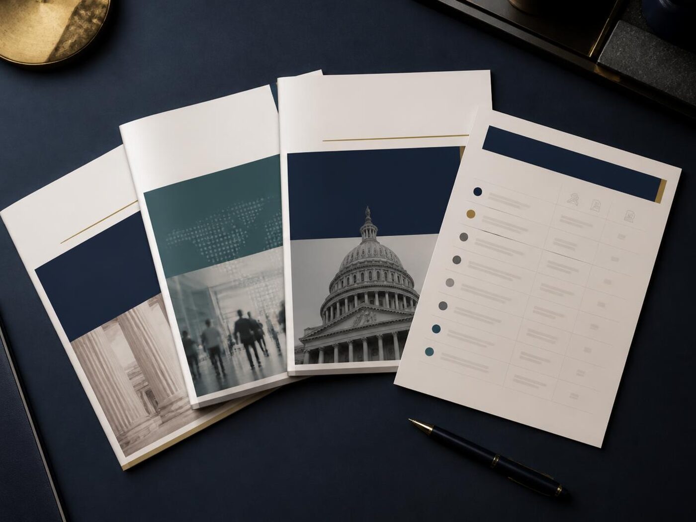 Printed policy briefs and a regulatory tracker on a desk